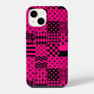 Rosa-schwarze gemischte Muster-Patchwork-Design iPhone 14 Hülle