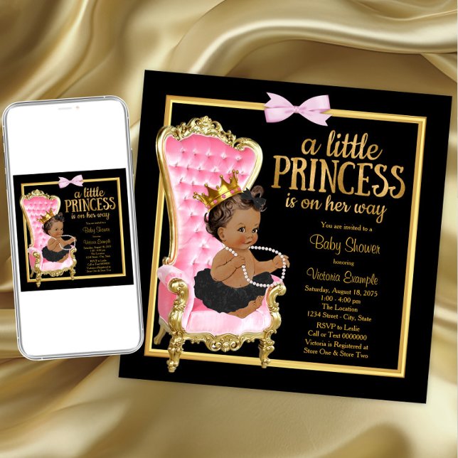 Rosa Schwarze Gold Stuhl Ethnic Princess Baby Dusc Einladung (Pink princess baby shower invitation. Instant download and printed invitations available.)