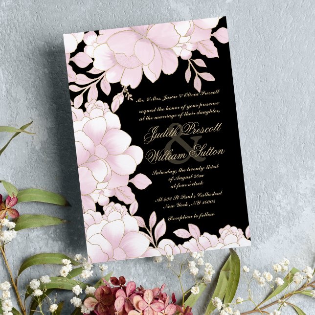 Rosa schwarze Goldfolie elegante Blumenhochzeit Einladung (Blush pink black gold foil elegant floral wedding invitation)