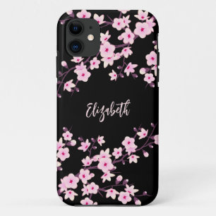 Rosa schwarze Kirschblüten-Monogramm Case-Mate iPhone Hülle