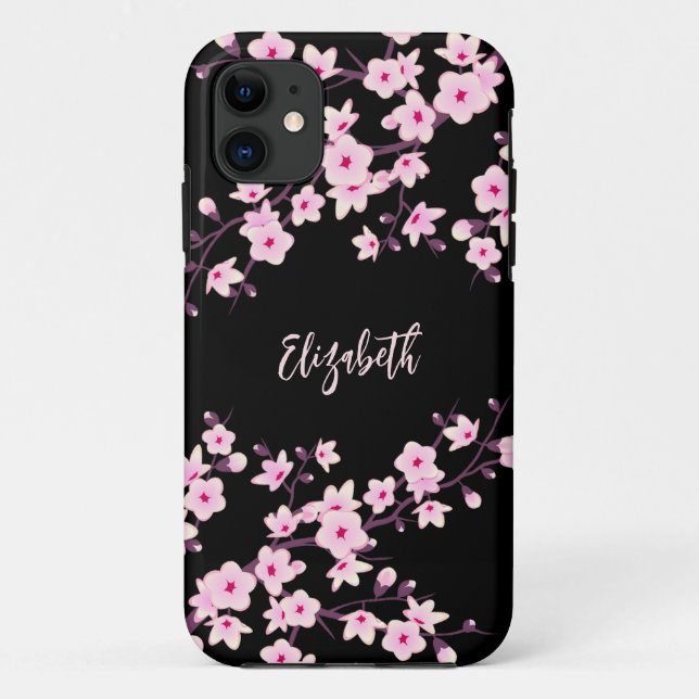 Rosa schwarze Kirschblüten-Monogramm Case-Mate iPhone Hülle (Rückseite)