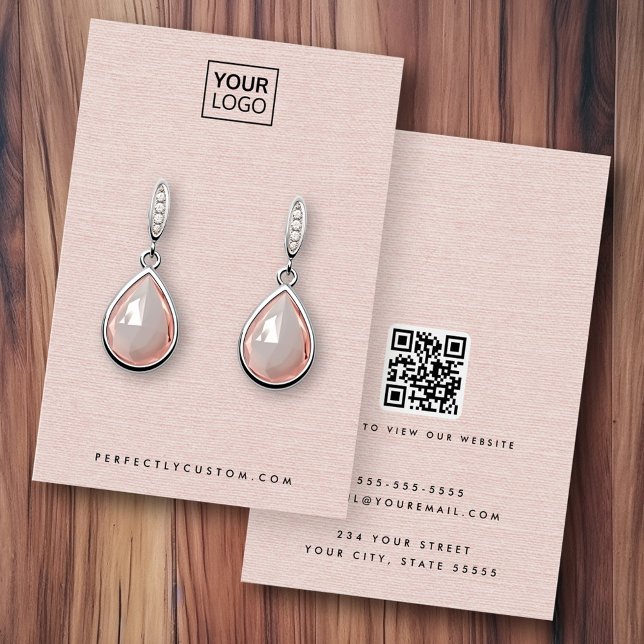 Rosa schwarze Leinen im Aussehen Logo QR Ohrring-D (Blush pink linen look logo QR earring display card)