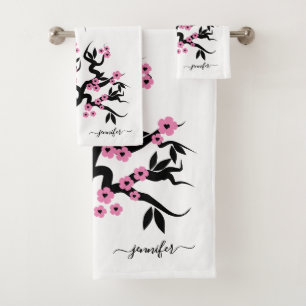 Rosa Schwarze Liebesvögel Sakura Kirschbaum, Blüte Badhandtuch Set