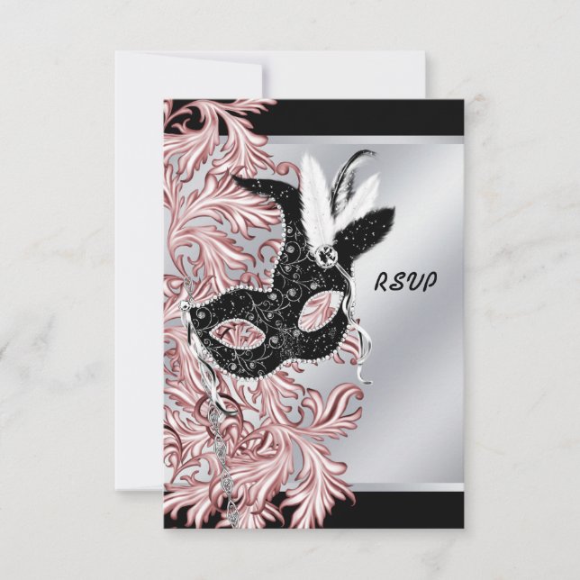 Rosa Schwarze Maske Rosa Schwarze Maskerade Party  RSVP Karte (Vorderseite)