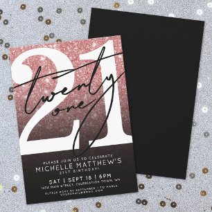 Rosa Schwarze Moderne Glitter 21. Geburtstag Einladung