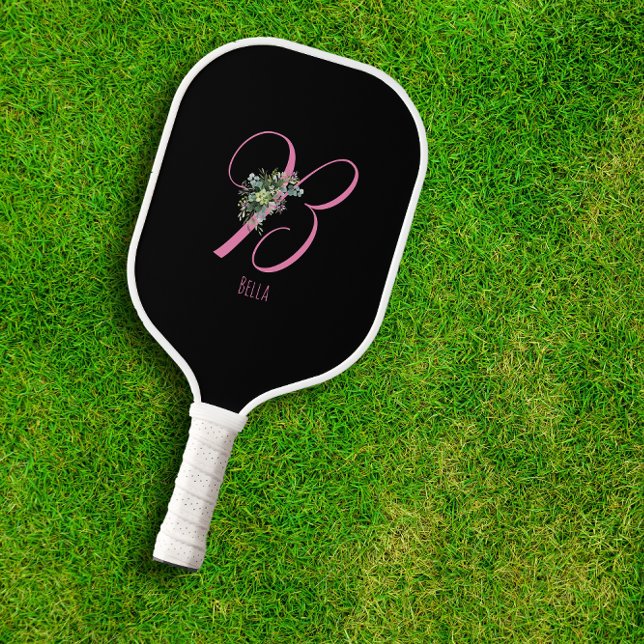 Rosa Schwarze Monogramm-Blume Pickleball Schläger (Von Creator hochgeladen)