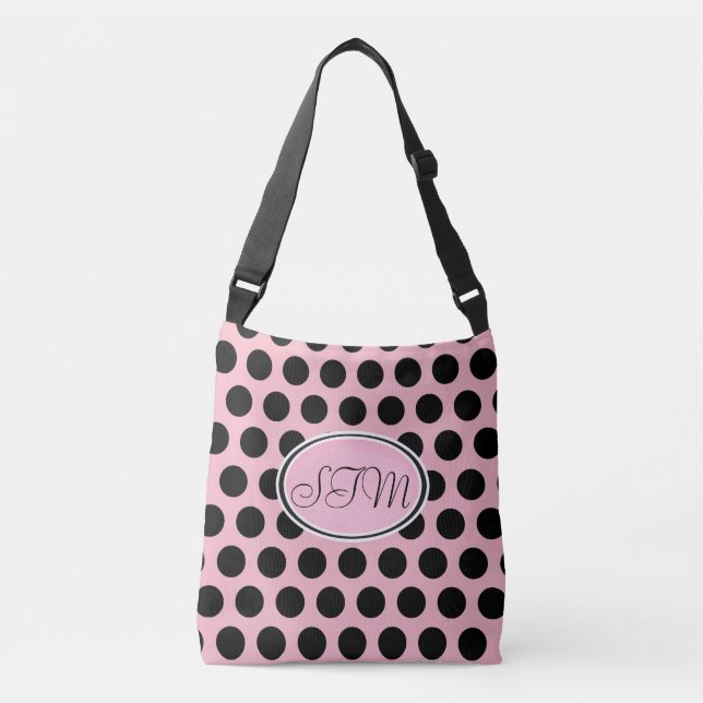 Rosa schwarze Polka-Punkt-Monogramm-Taschen-Tasche Tragetaschen Mit Langen Trägern (Vorderseite)