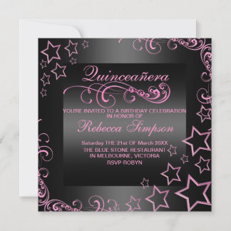 Rosa/Schwarze Quinceañera Stern- und Wirbel-Einlad Einladung
