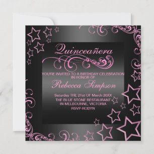 Rosa/schwarze Quinceñera Stern & Swirt laden ein Einladung