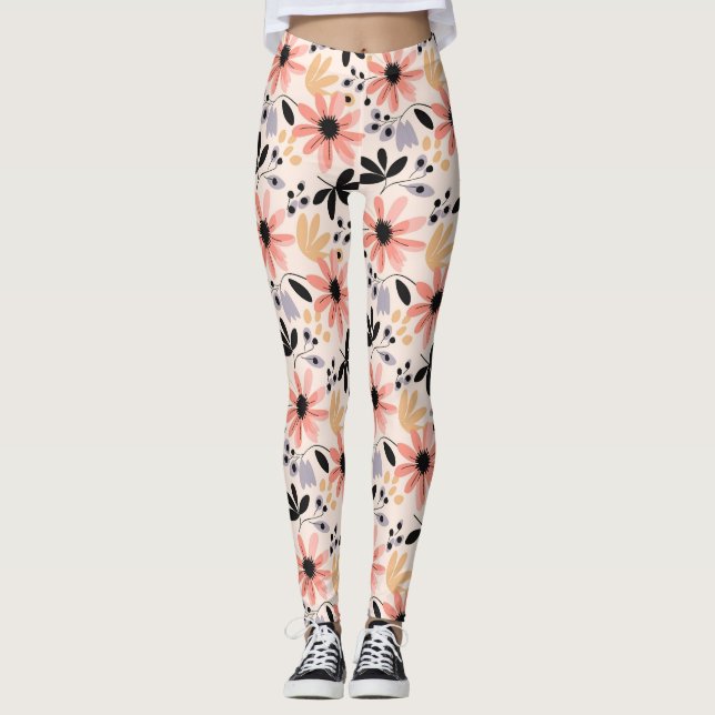 Rosa Schwarze Retro-Blume Leggings (Vorderseite)