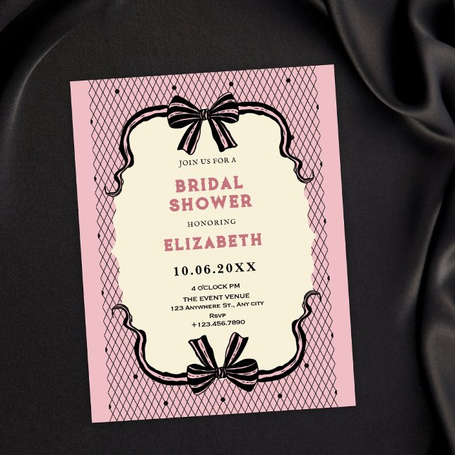 Rosa schwarze Retro-Schleife Junggesellinnenabschi Einladung (Von Creator hochgeladen)