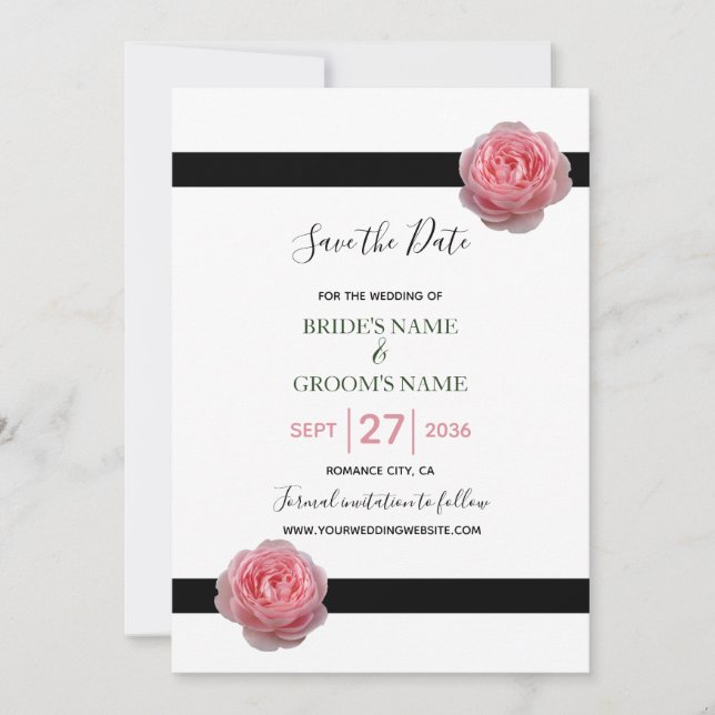 Rosa schwarze Ribbon Hochzeit speichern das Datum Save The Date (Vorderseite)