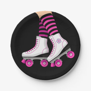 Rosa & schwarze Rollschuh-Eislauf-Geburtstagsfeier Pappteller