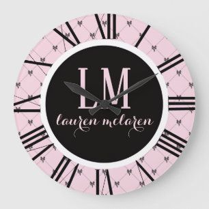 Rosa & schwarze Schleife Monogramm Große Wanduhr