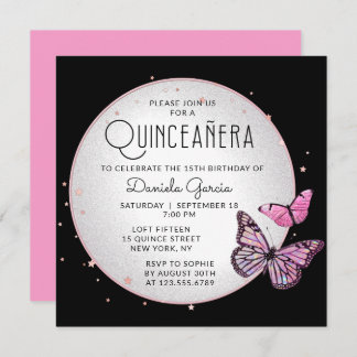 Rosa schwarze Schmetterlinge Sterne Moderne Quince Einladung