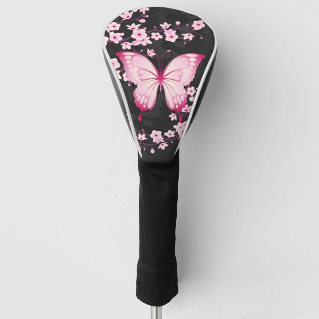 Rosa schwarze Schmetterlinge und Kirschblüten Golf Headcover (Vorderseite)
