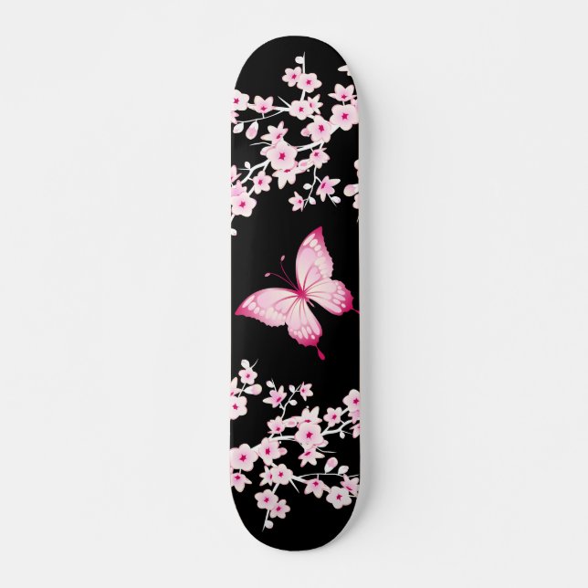 Rosa schwarze Schmetterlinge und Kirschblüten Skateboard (Vorne)