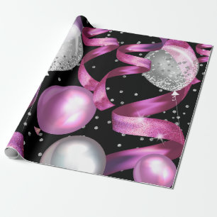 Rosa schwarze Silber Glitter Sweet 16 Geburtstagsf Geschenkpapier