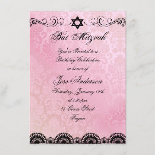 Rosa & schwarze Spitze Bat Mitzvah Geburtstagseinl Einladung