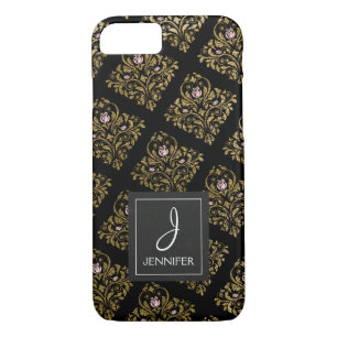 Rosa, Schwarze und Goldfolien-Blumenmonogramm Case-Mate iPhone Hülle