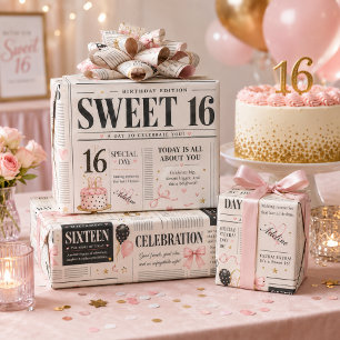 Rosa-schwarze Zeitung Sweet 16 Benutzername Geburt Geschenkpapier