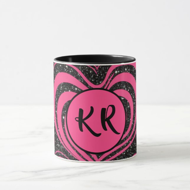 Rosa schwarzer Glamour abstrakter Herzmonogramm An Tasse (Zentrum)