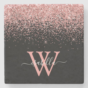 Rosa schwarzer Glitter elegantes Skript Name Monog Steinuntersetzer
