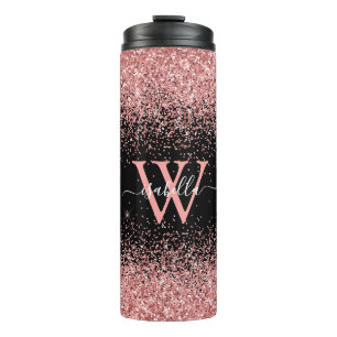 Rosa schwarzer Glitter elegantes Skript Name Monog Thermosbecher