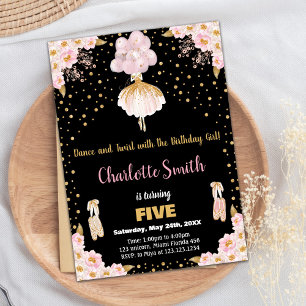 Rosa Schwarzer Glitzer Ballerina Geburtstag Einlad Einladung