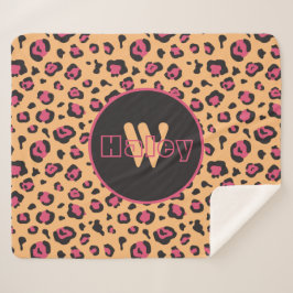 Rosa schwarzer Leopard Print Monogram Sherpadecke