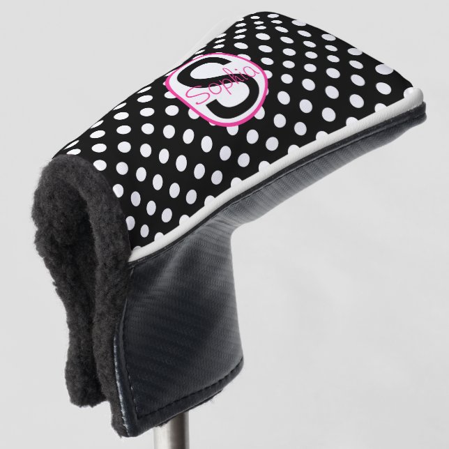 Rosa schwarzer Name Initial mit Polka Dots Golf Headcover (3/4 Vorderseite)