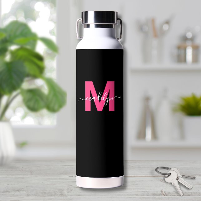 Rosa Schwarzer Name Monogramm Trinkflasche (Pink Initial Script Name Monogram Water Bottle)