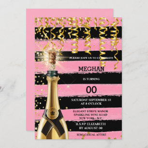 Rosa schwarzer Schaumwein Eleganter Streifen Glitz Einladung