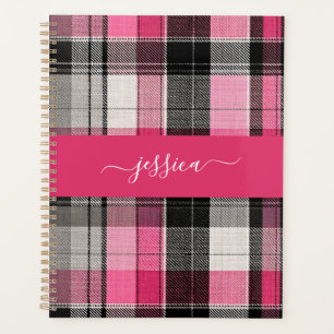 Rosa-schwarzer Tartan-Karo-Schriftname-Binder Planer