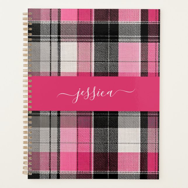 Rosa-schwarzer Tartan-Karo-Schriftname-Binder Planer (Vorderseite)