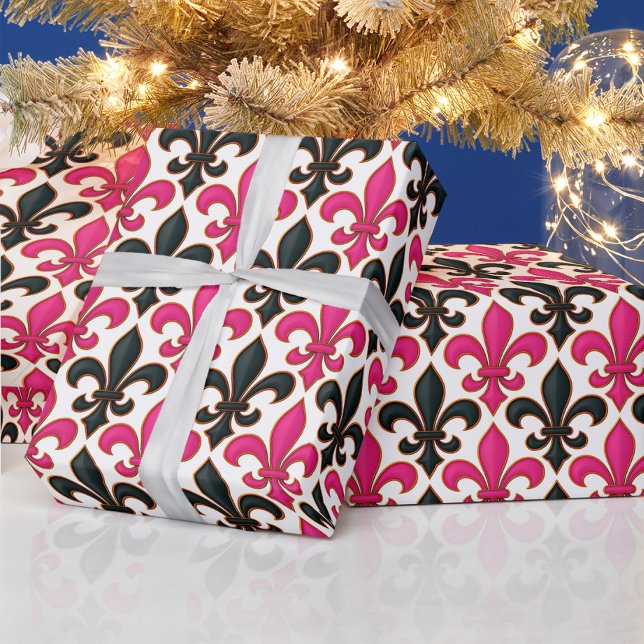 Rosa schwarzes Barock-Fleur-de-lis-Musterdesign  Geschenkpapier (Von Creator hochgeladen)