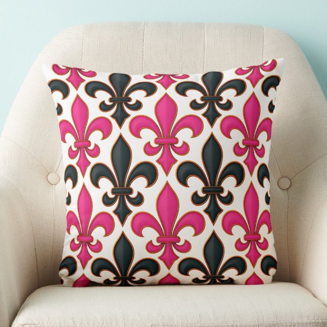 Rosa schwarzes Barock-Fleur-de-lis-Musterdesign  Kissen (Von Creator hochgeladen)