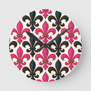 Rosa schwarzes Barock-Lilienmuster-Design Runde Wanduhr