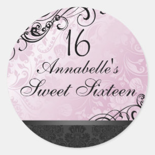 Rosa & schwarzes chic florales Damast Sweet16 Aufk Runder Aufkleber