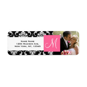 Rosa schwarzes Damast-Monogramm-Foto-Hochzeit