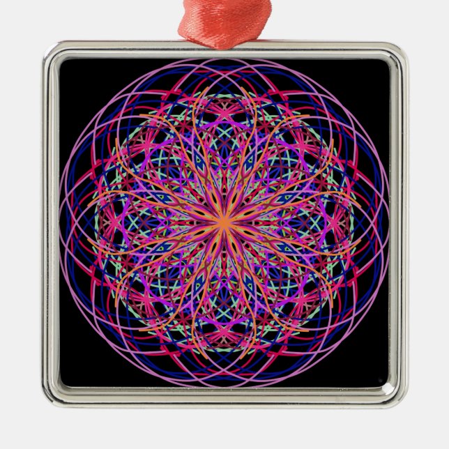 Rosa Schwarzes Kaleidoskop Mandala Art Silbernes Ornament (Vorne)