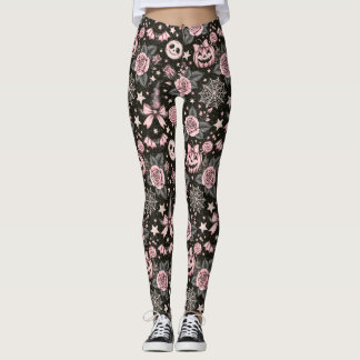 Rosa-schwarzes Kürbis- und Spinnennetz-Halloween-M Leggings