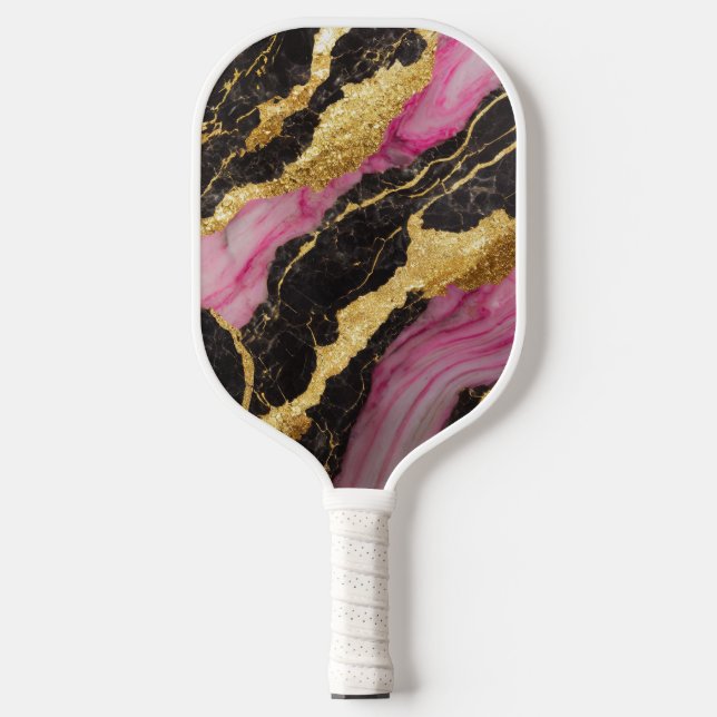 Rosa schwarzes Marmormuster mit Gold Pickleball Schläger (Vorderseite)