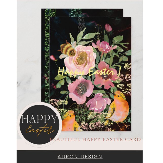 Rosa Schwarzes Oster mit Vögeln Feiertagskarte (Happy Easter Pink floral black with yellow birds and bumblebee Card)