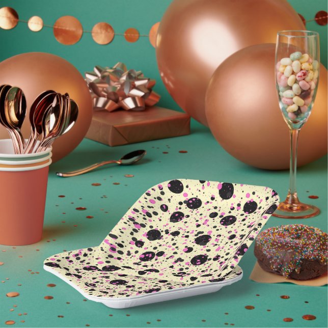 Rosa & schwarzes Polka-Punkt-Glamour-Muster Pappteller (Multi)