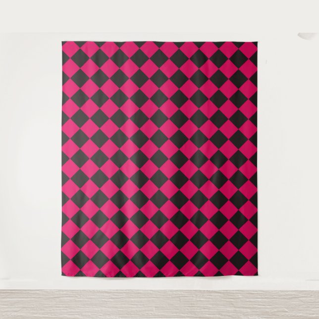 Rosa-schwarzes Schachbrett-Diamantmuster  Wandteppich (Vorderseite)