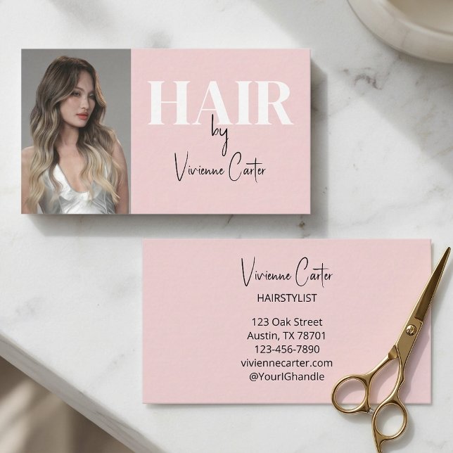 Rosa-schwarzes Script-Foto-Haarstylist Visitenkarte (Blush Pink Black Script Photo Hair Stylist Business Card)