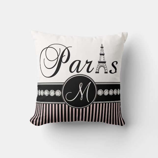 Rosa Schwarzes Stripes Paris-Monogramm-Kissen Kissen (Vorderseite)