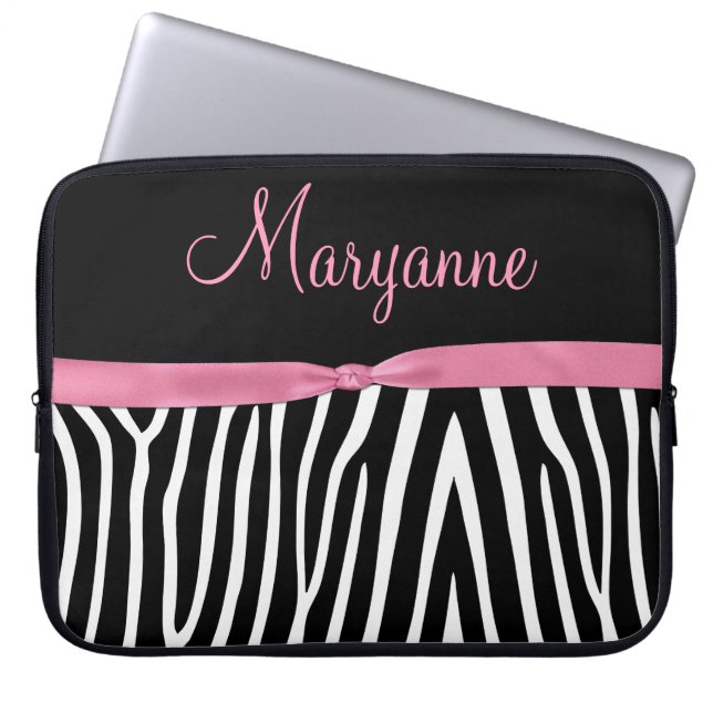 Rosa schwarzes Zebra-Rosa-Band-Monogramm Laptopschutzhülle (Vorderseite)