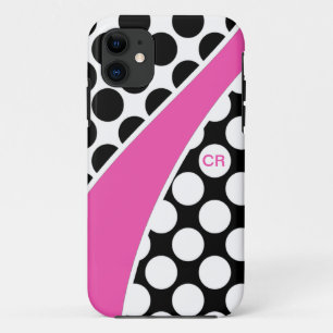 Rosa Schwarzweiss-Tupfen-Wellen-Monogramm iPhone 11 Hülle